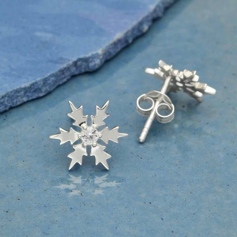  Sterling Silver Snowflake Post Earrings with Nanogem 11x11mm