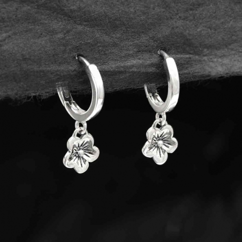 Sterling Silver Huggie Hoop with Cherry Blossoms 21x11mm