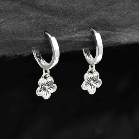 Sterling Silver Huggie Hoops with Cherry Blossoms 21x11mm