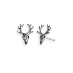Sterling Silver Deer Skull with Antlers Post Earrings 11x9mm