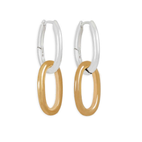 Sterling Silver Oval Huggie Hoops with Bronze Link 34x12mm