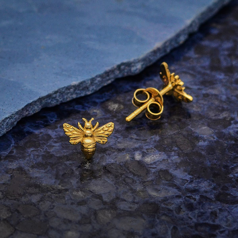 14K Shiny Gold Plated Tiny Bee Post Earrings 6x8mm