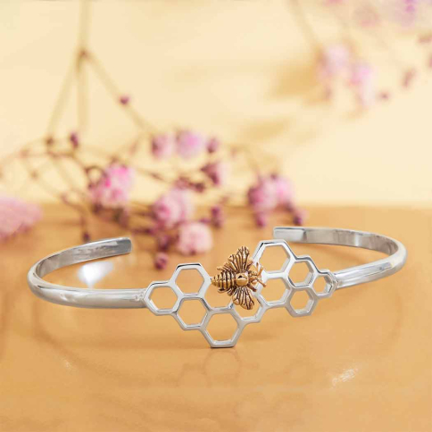 Sterling Silver Honeycomb Cuff Bracelet with Bronze Bee