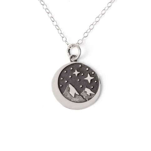 Silver 18 Inch Snow Capped Mountain w Stars Necklace