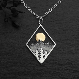 Sterling Silver Mountain and Trees Necklace with Bronze Sun