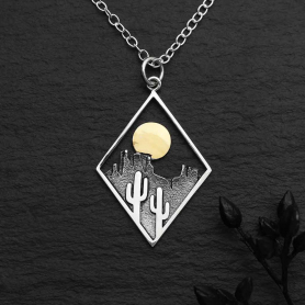 Sterling Silver Cactus Necklace with Bronze Sun