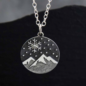 Sterling Silver Snowy Mountain and Snowflake Necklace