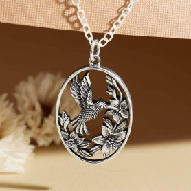 Sterling Silver Flowers and Hummingbird Necklace