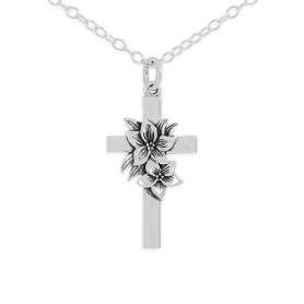 Sterling Silver Cross and Lily Flowers Necklace