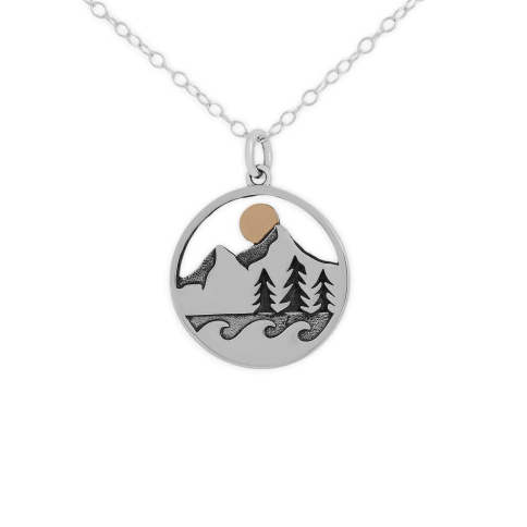 Mixed Metal Mountain Tree and Waves Layered Pendant Necklace