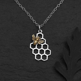 Sterling Silver Honeycomb Necklace with Bronze Bee on dark background