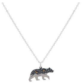 Sterling Silver 18 Inch Bear Charm Necklace with Bronze Moon