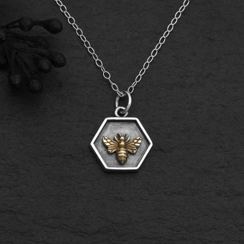 Silver 18 Inch Hexagon and Bronze Bee Charm Necklace