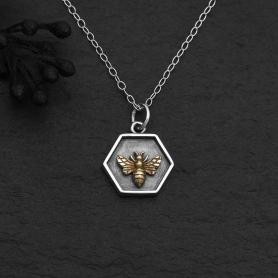 Sterling Silver Hexagon and Bronze Bee Necklace