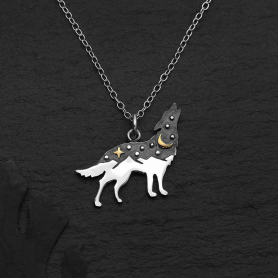 Sterling Silver Wolf Necklace with Bronze Star and Moon
