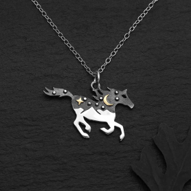 Sterling Silver Horse Necklace w Mountains and Bronze Moon