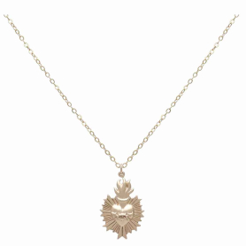 Bronze Flaming Sacred Heart Necklace with Gold Fill Chain Front View