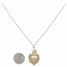 Bronze Flaming Sacred Heart Necklace with Gold Fill Chain with Dime