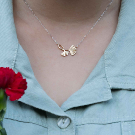 Bronze Ginkgo Festoon Necklace on Sterling Silver Chain on neck