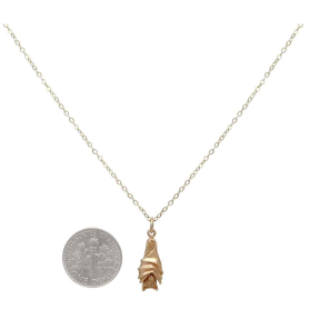 Bronze Hanging Bat Necklace with Gold Fill 18 Inch Chain with Dime