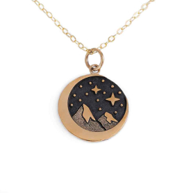 Bronze Snowy Mountain w Moon Necklace with Gold Fill Chain