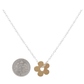 Bronze Flat Plate Daisy Necklace on Sterling Silver Chain next to dime