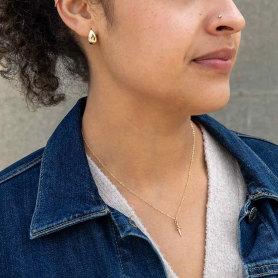 Bronze Mini Sword Necklace with Gold Fill Chain on neck