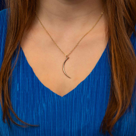 Bronze Ridged Crescent Moon Necklace on Gold Fill Chain on neck