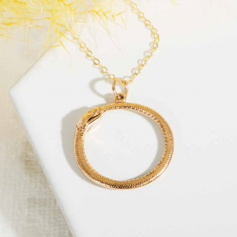 Bronze Ouroboros Snake Necklace with Gold Fill Chain
