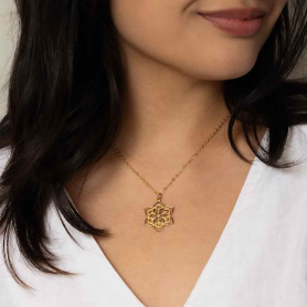 Bronze Lotus Mandala Necklace with Gold Fill Chain on model