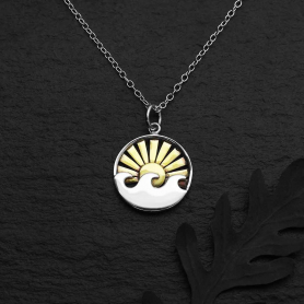 Sterling Silver Wave Necklace with Bronze Sun