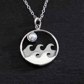 Sterling Silver Waves with Pearl Moon Necklace