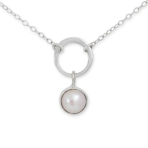 Sterling Silver Half Hammered Circle Link w Pearl Necklace