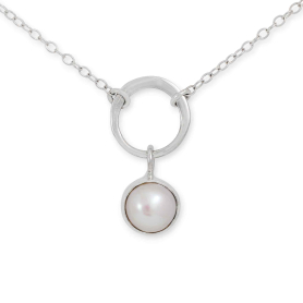 Sterling Silver Half Hammered Circle Link w Pearl Necklace
