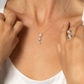 Sterling Silver Triple Pearl Drop Necklace on model
