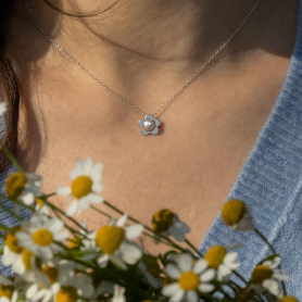 Sterling Silver Daisy with Pearl Center Necklace on model