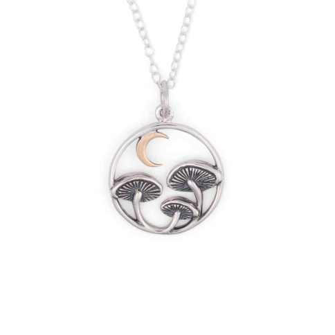 Sterling Silver Mushroom Necklace with Bronze Moon