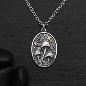 Silver Oval Mushroom Necklace with Bronze Star and Moon