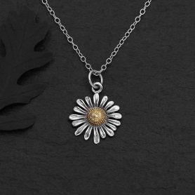 Sterling Silver Daisy Necklace with Bronze Center on dark background
