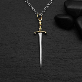 Sterling Silver Sword Necklace with Bronze Handle