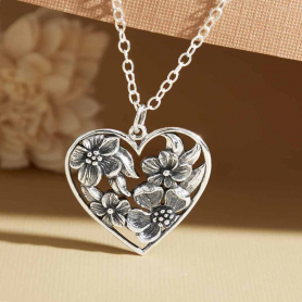 Sterling Silver Heart with Apple Blossoms Necklace