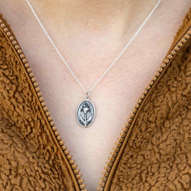 Sterling Silver Iris Birthflower Necklace - February on neck