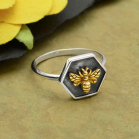 Silver Hexagon Shadow Box Ring with Bronze Bee DISCONTINUED
