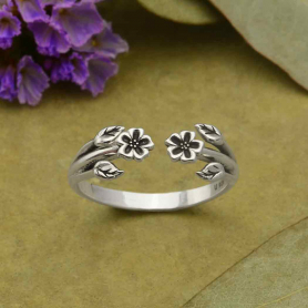 Sterling Silver Adjustable Ring with Tiny Flowers and Leaves