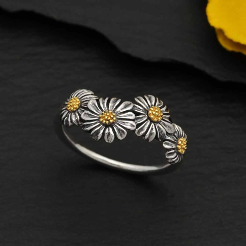 Sterling Silver and Bronze Daisy Chain Ring black background
