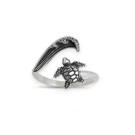 Sterling Silver Sea Turtle and Wave Adjustable Ring