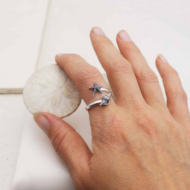 Sterling Silver Adjustable Starfish and Shell Ring