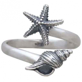 Sterling Silver Adjustable Starfish and Conch Shell Ring