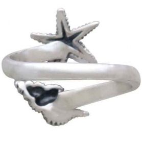 Sterling Silver Adjustable Starfish and Conch Shell Ring