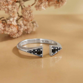 Sterling Silver Adjustable Ring with Black Crystals